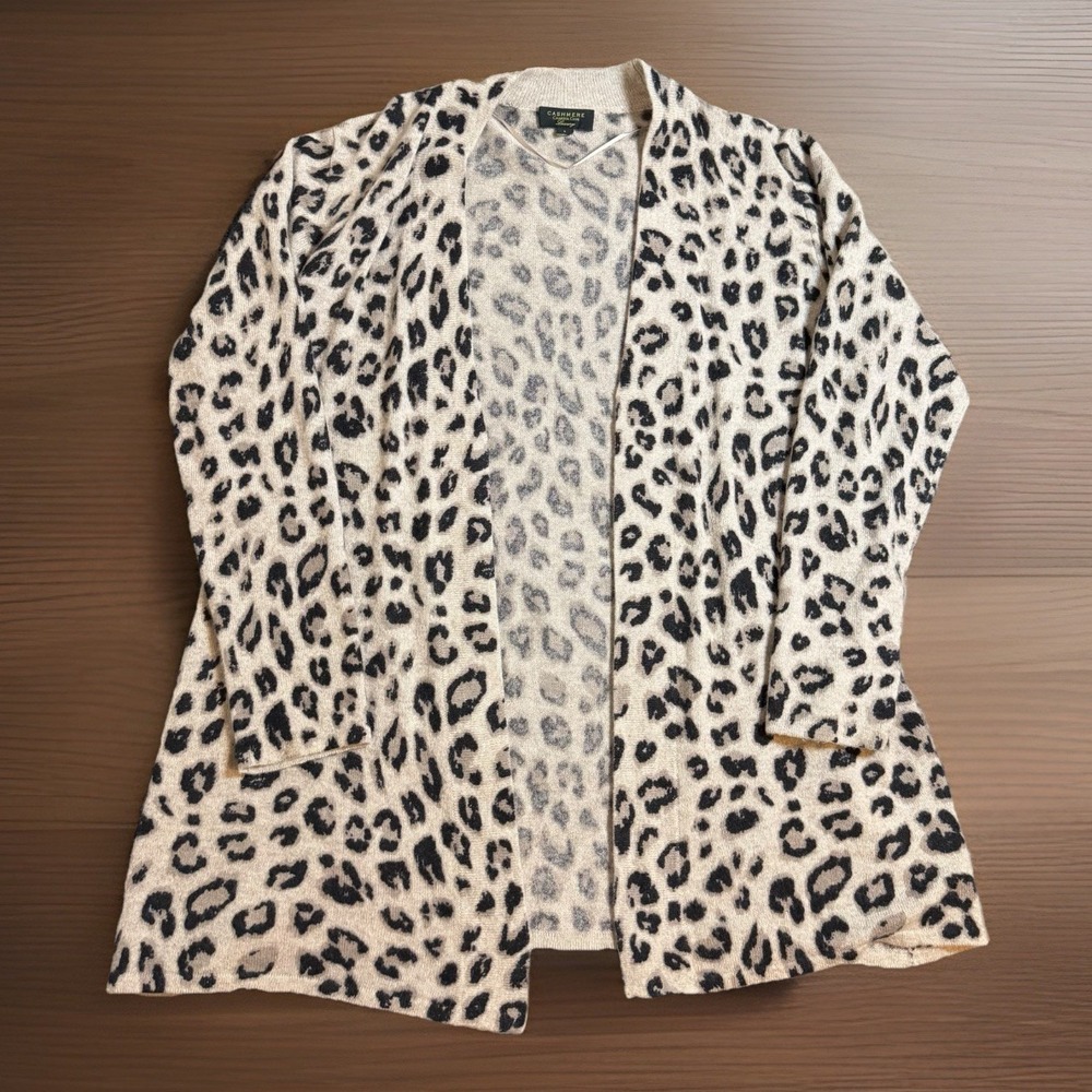 CHARTER CLUB Large CASHMERE CARDIGAN DUSTER OPEN FRONT LEOPARD PEARL TAUPE Soft